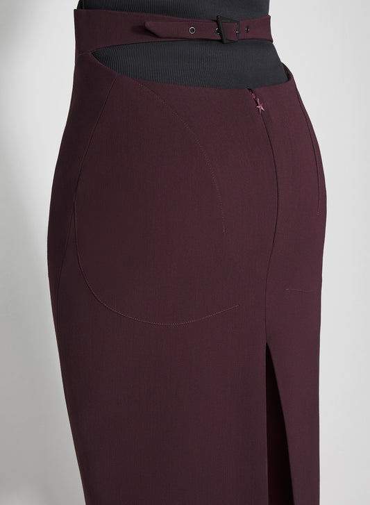 burgundy buckled tailored skirt