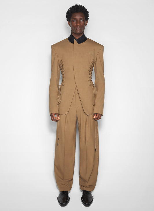 beige pleated wide-leg trousers