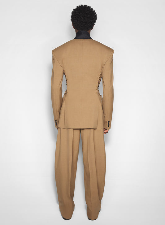 beige pleated wide-leg trousers
