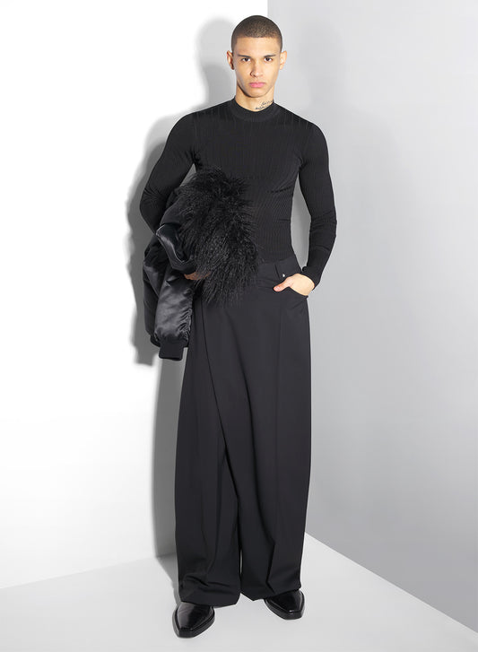 black asymmetric panel pants