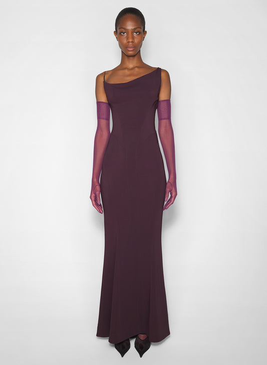 burgundy crepe gown with metallic detail