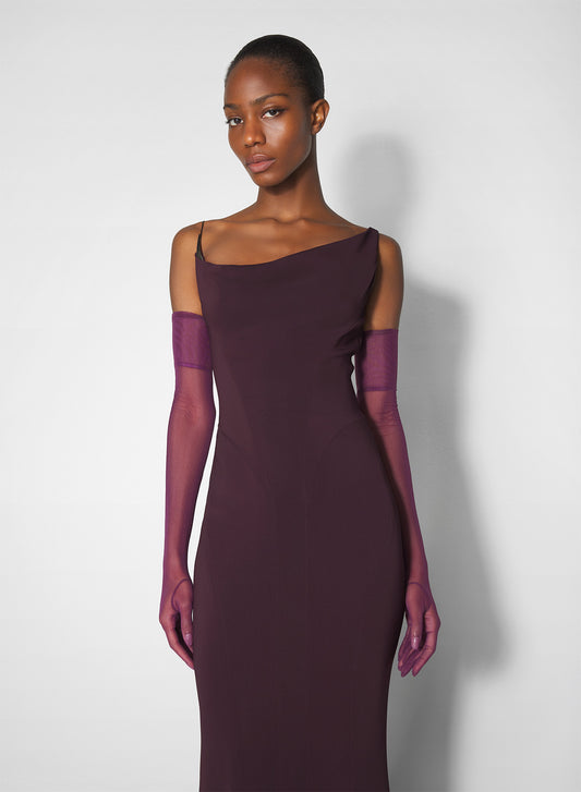burgundy crepe gown with metallic detail