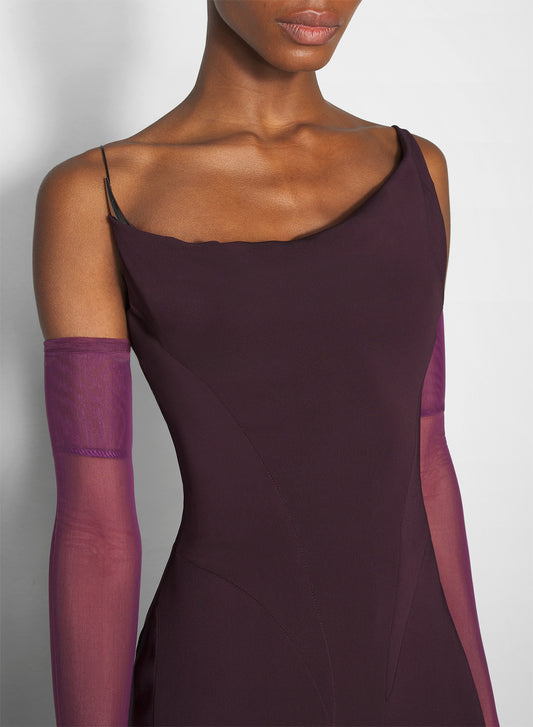 burgundy crepe gown with metallic detail