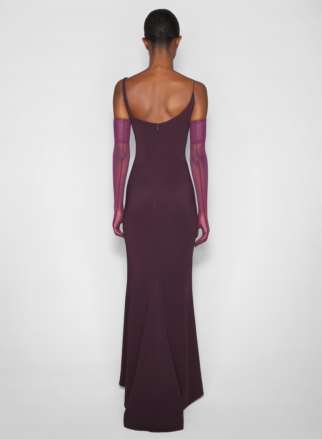 burgundy crepe gown with metallic detail