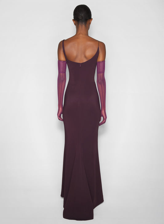 burgundy crepe gown with metallic detail