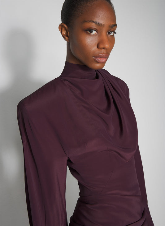 burgundy draped scarf dress