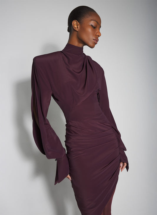 burgundy draped scarf dress