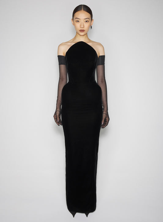 black rounded bustier velvet gown