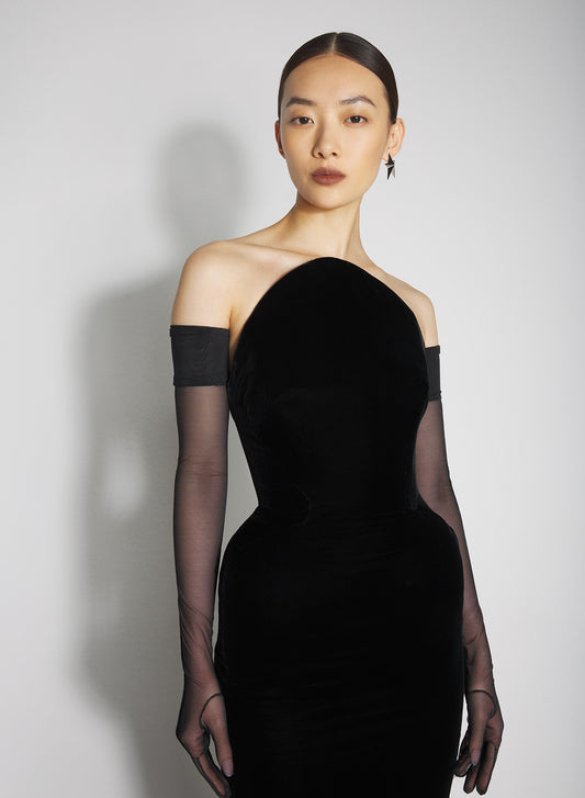 black rounded bustier velvet gown
