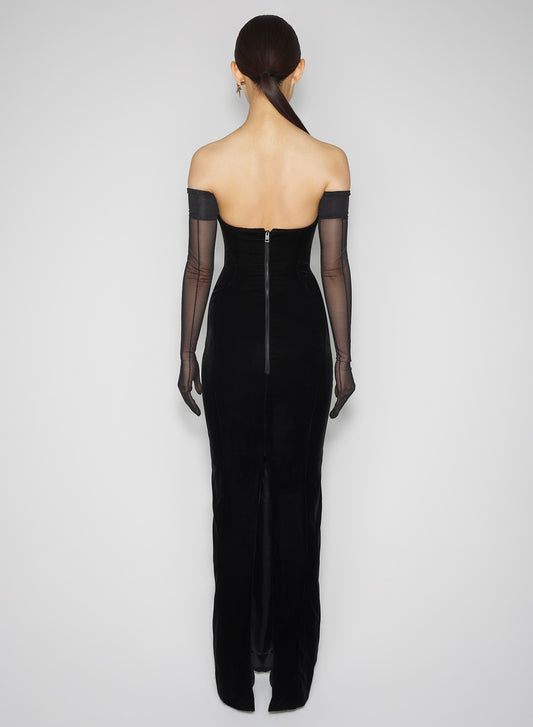 black rounded bustier velvet gown