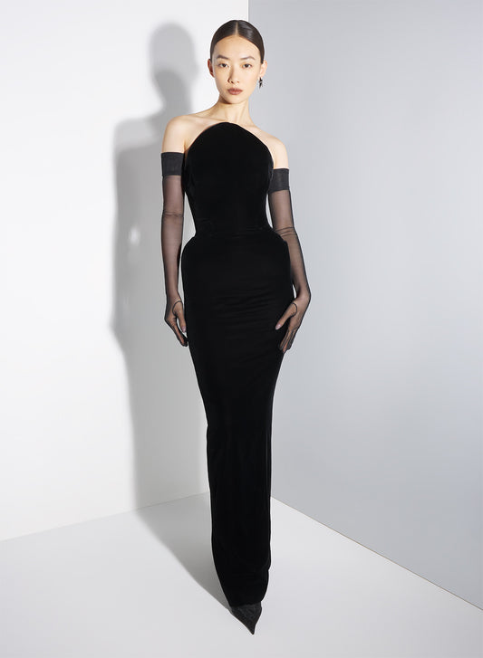 black rounded bustier velvet gown