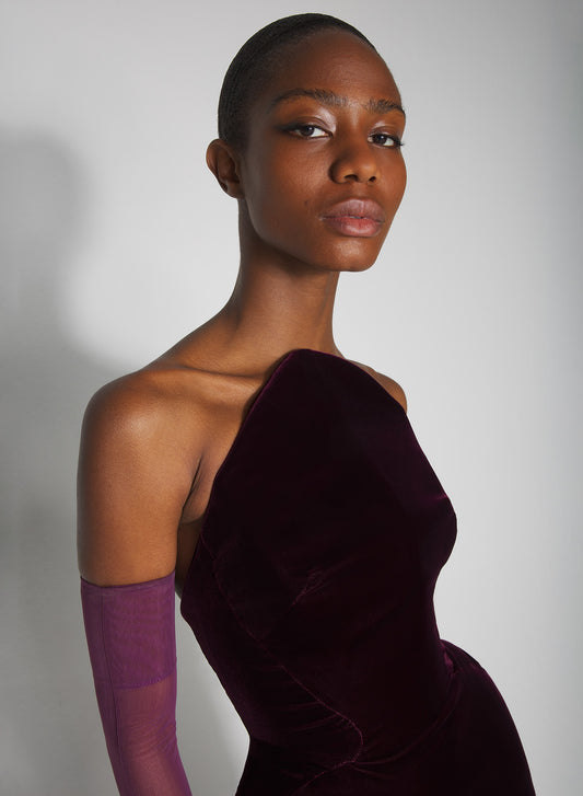 burgundy rounded bustier velvet gown