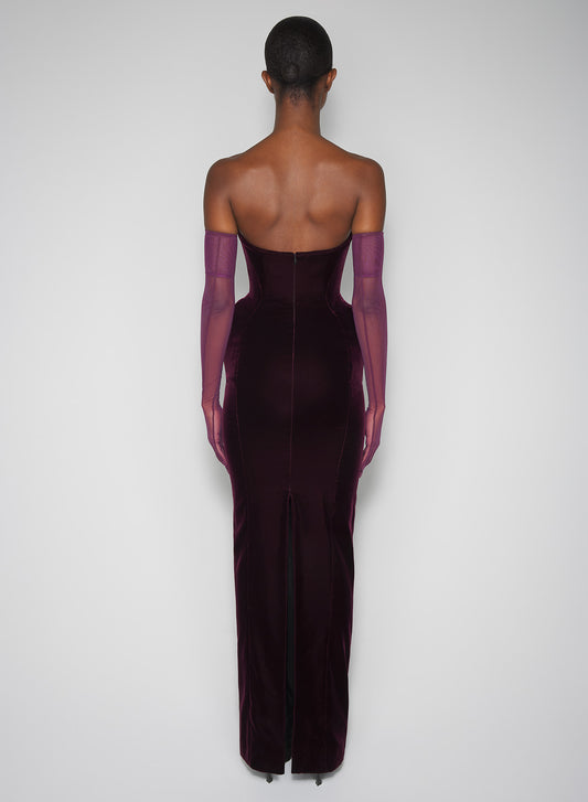 burgundy rounded bustier velvet gown
