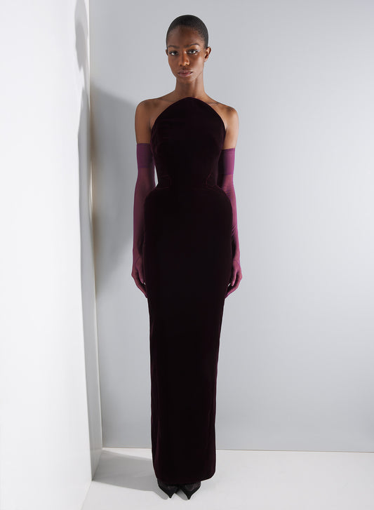 burgundy rounded bustier velvet gown
