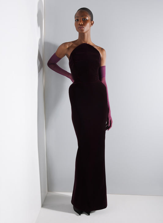 burgundy rounded bustier velvet gown