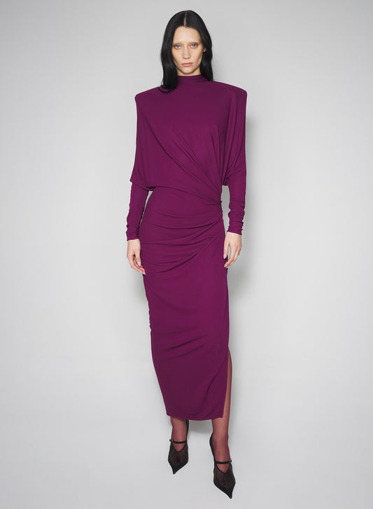 burgundy draped open-back dress