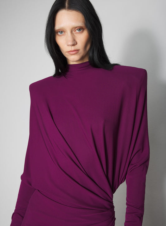 burgundy draped open-back dress