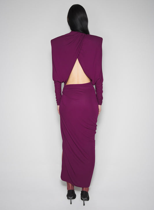 burgundy draped open-back dress
