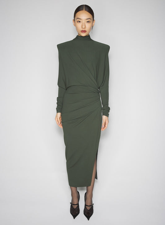 green draped open-back dress