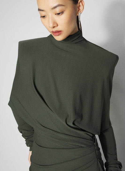 green draped open-back dress