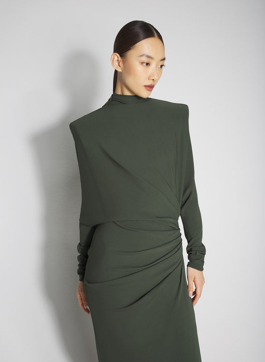 green draped open-back dress