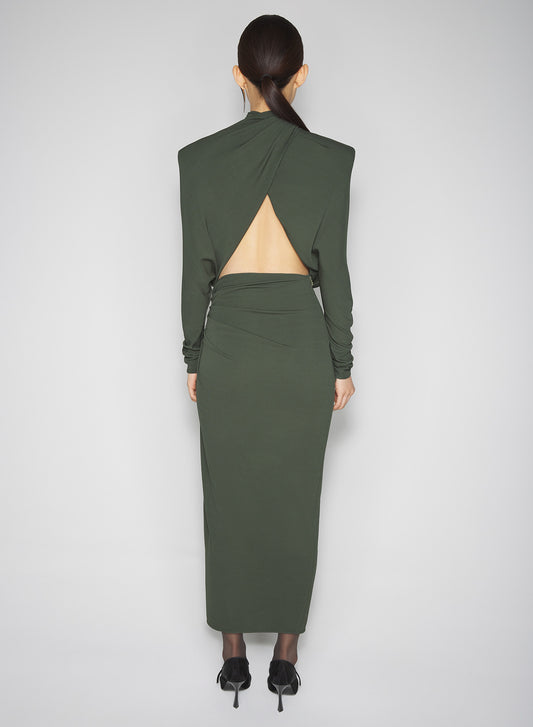green draped open-back dress