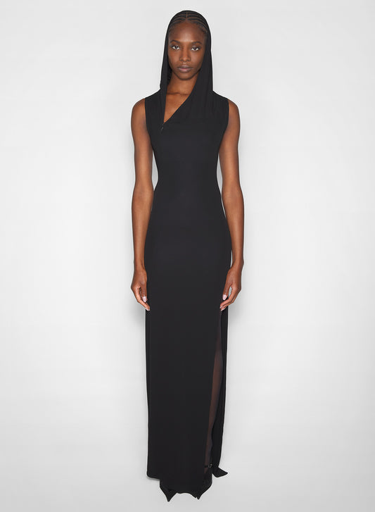 black hooded sleeveless gown