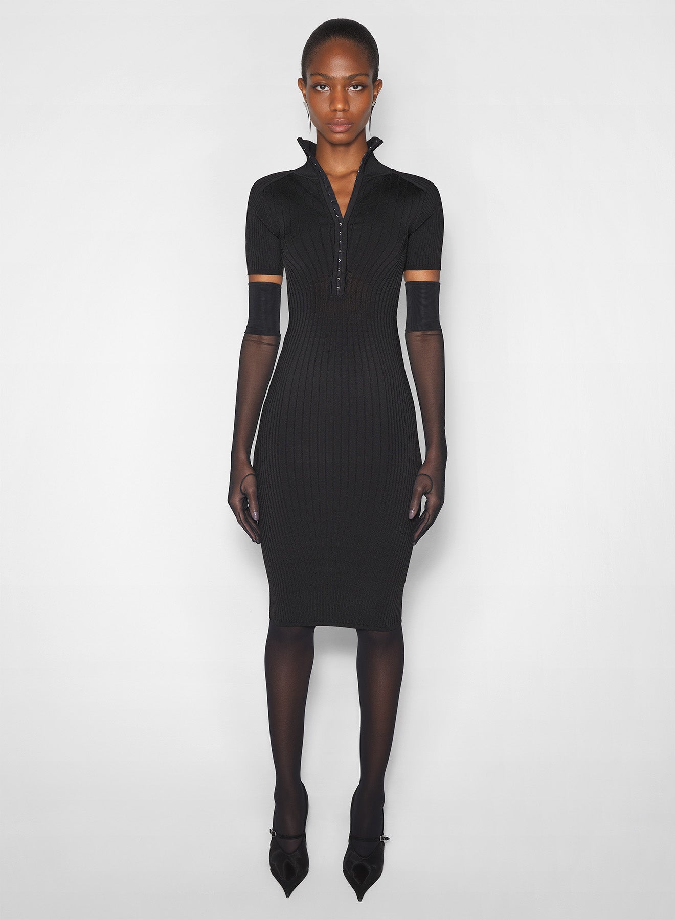 black hook-and-eye ribbed dress