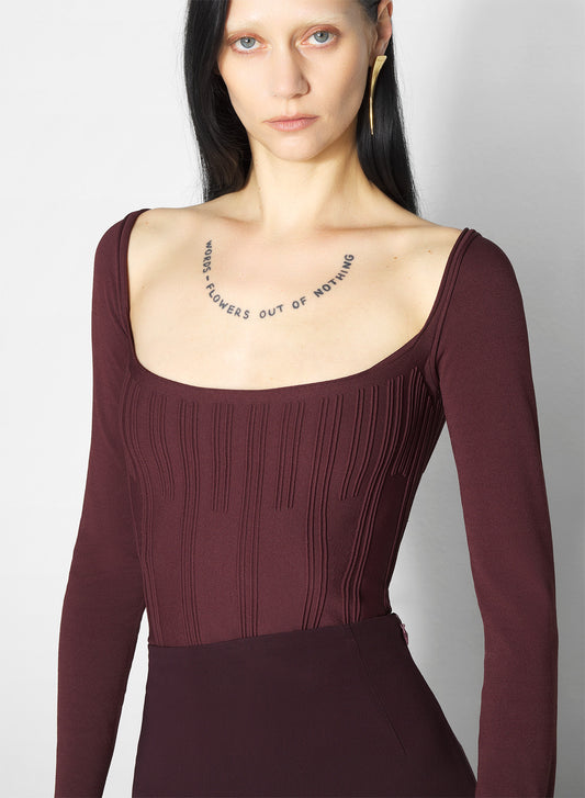 burgundy boning detail knit top