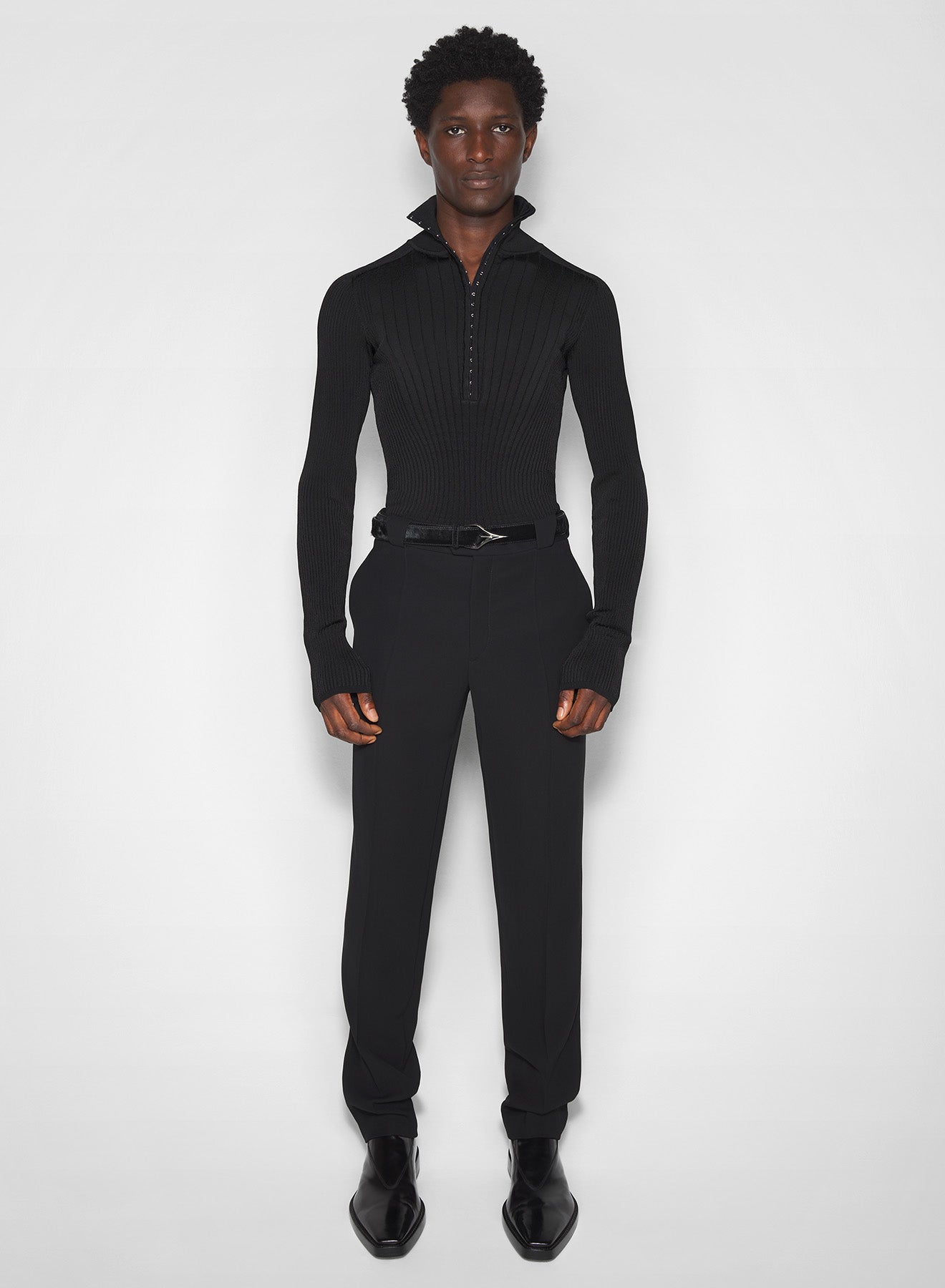 black hook-and-eye ribbed top