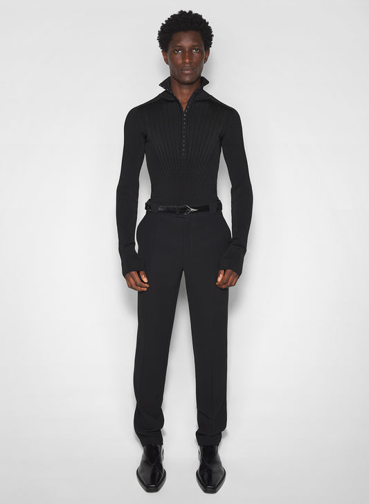 black hook-and-eye ribbed top