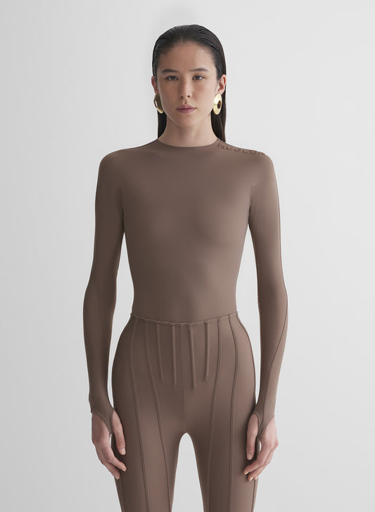 mocha shoulder logo bodysuit