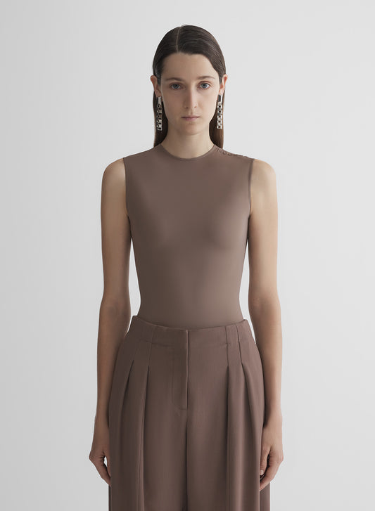 mocha sleeveless shoulder logo bodysuit