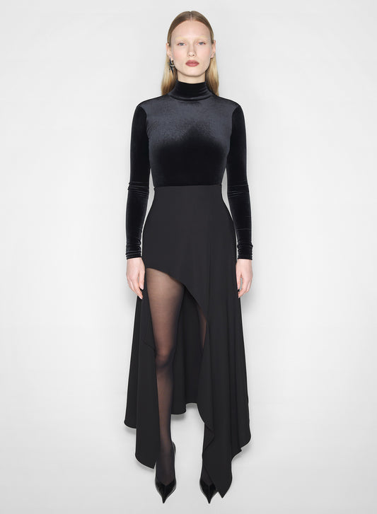 black open-back velvet bodysuit