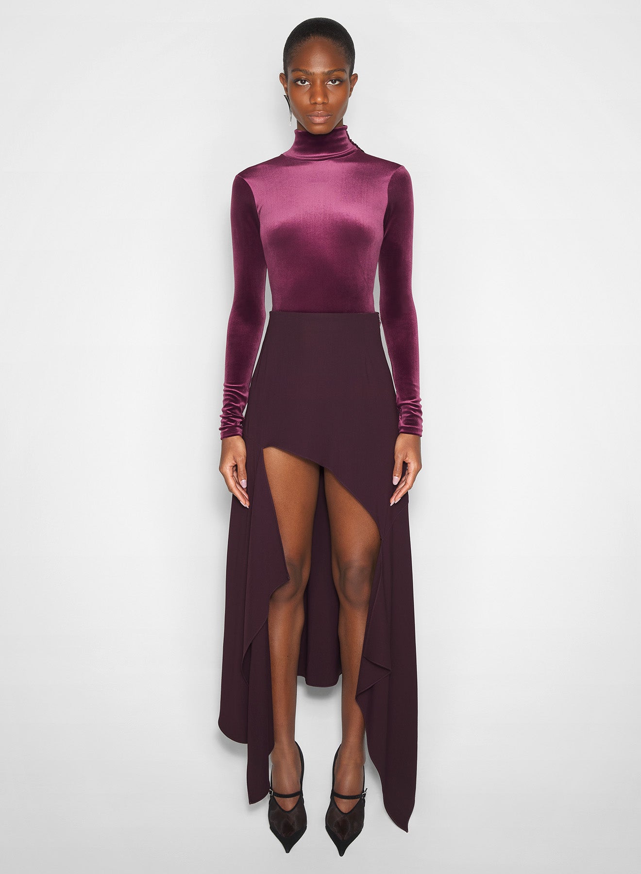 burgundy open-back velvet bodysuit