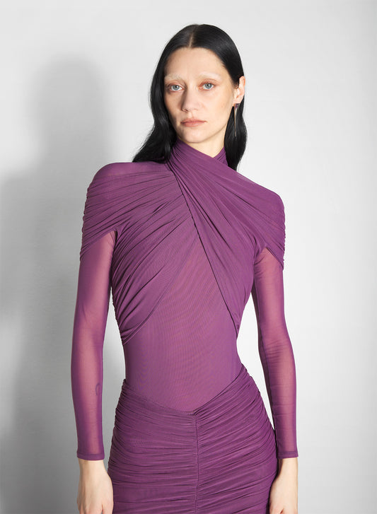 purple layered halter bodysuit