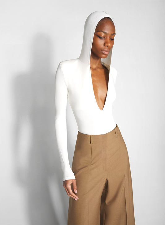 white hooded v-neck bodysuit