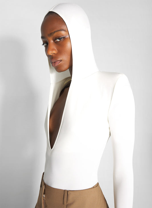 white hooded v-neck bodysuit