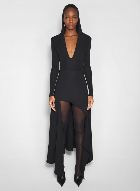 black hooded v-neck bodysuit