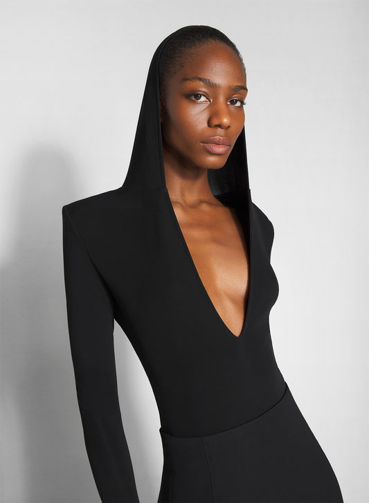 black hooded v-neck bodysuit