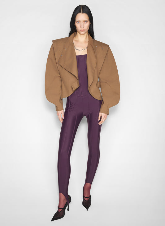 burgundy boned stretch catsuit
