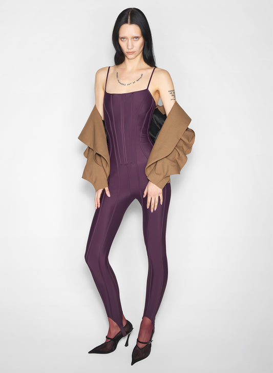 burgundy boned stretch catsuit