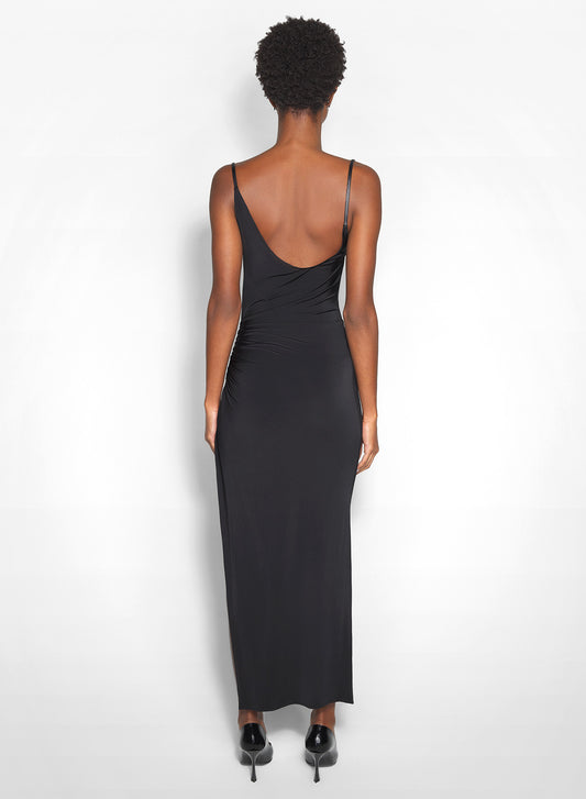 black asymmetrical buckled strap dress