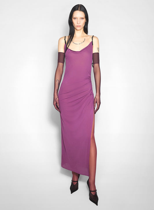 purple asymmetrical buckled strap dress