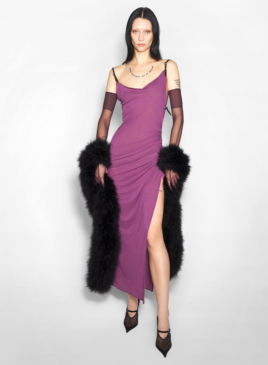 purple asymmetrical buckled strap dress