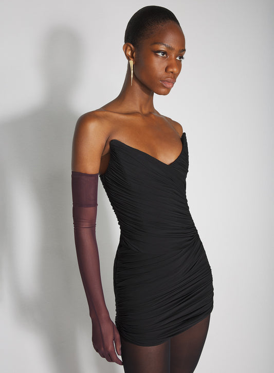 black draped bustier mini dress
