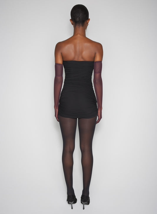 black draped bustier mini dress
