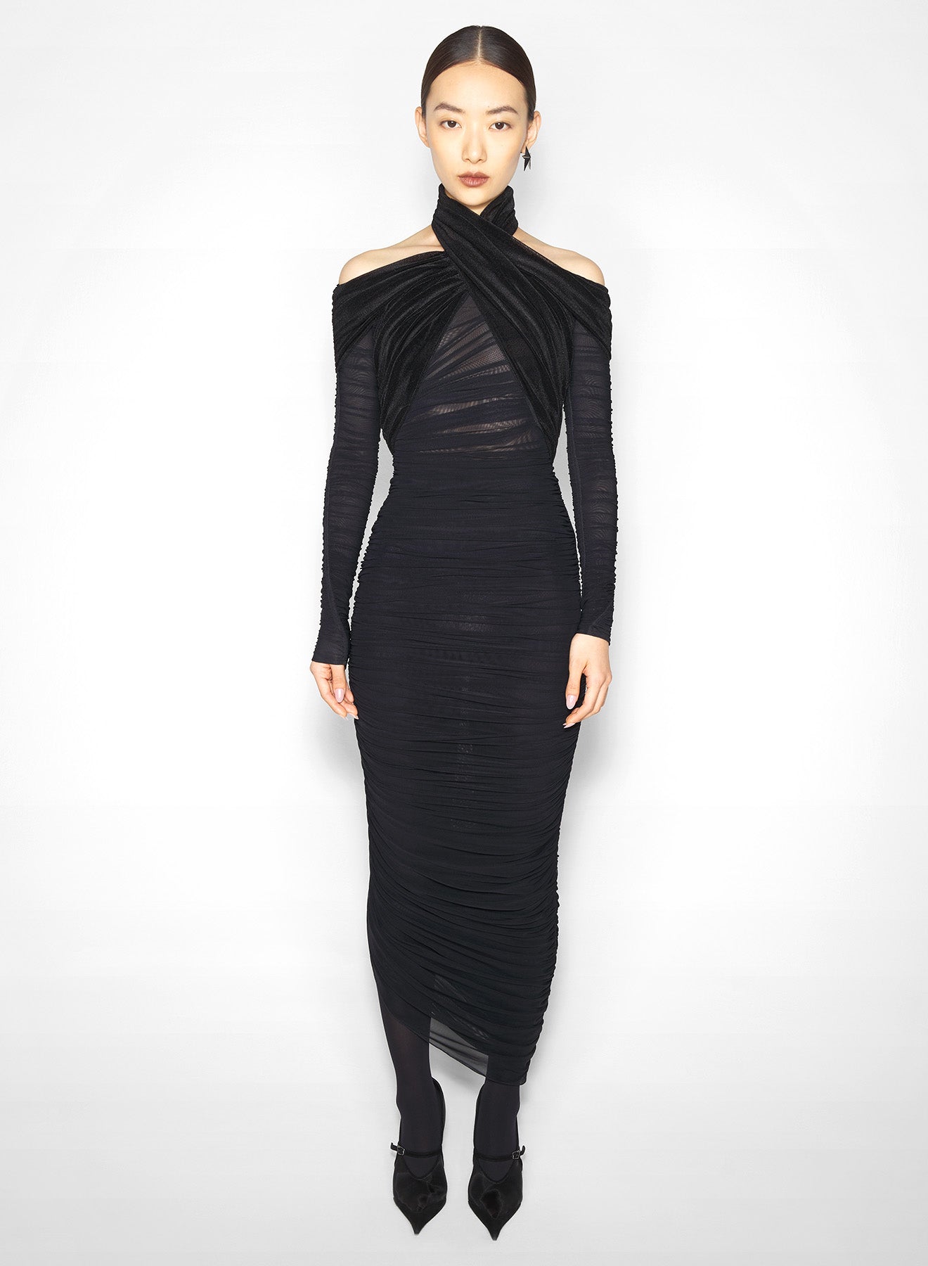 black draped halter dress