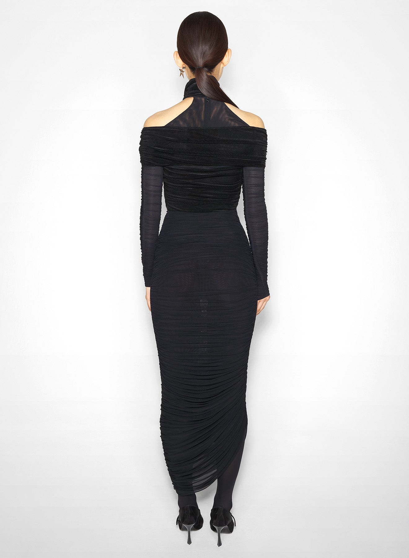 black draped halter dress