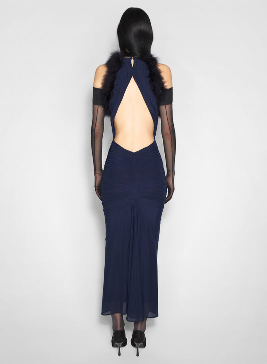 blue marabou ruched dress